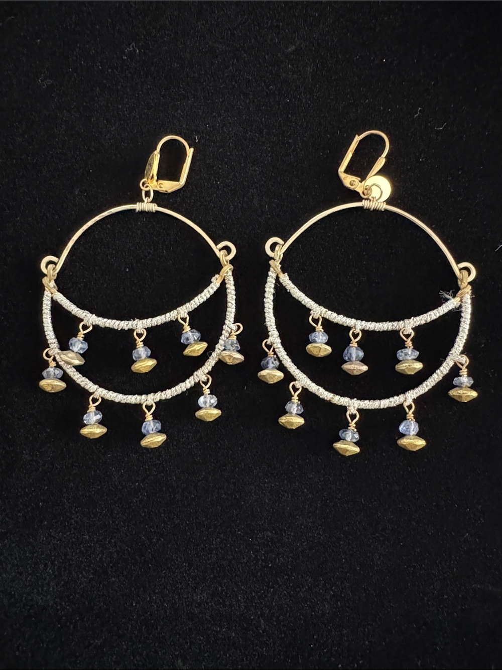 Double Happiness Hoop Dangle Earrings with Blue Accent Beads